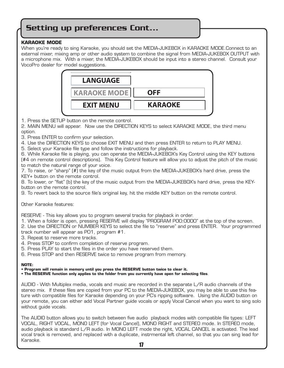 Setting up preferences cont, Main menu | VocoPro MEDIA-JUKEBOX40 User Manual | Page 17 / 19