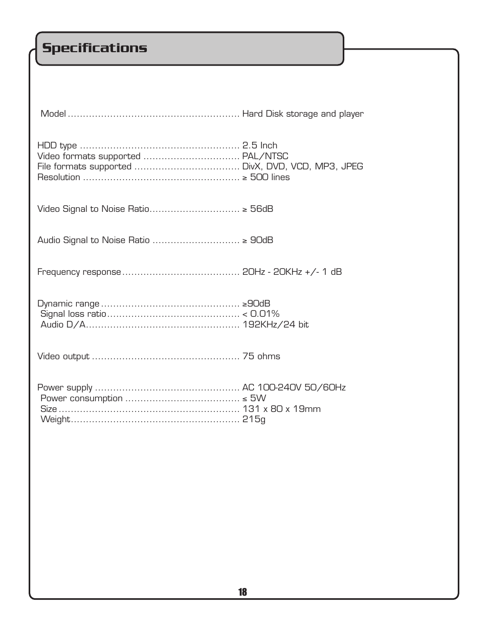 Speciﬁcations | VocoPro MEDIA-JUKEBOX40 User Manual | Page 18 / 19