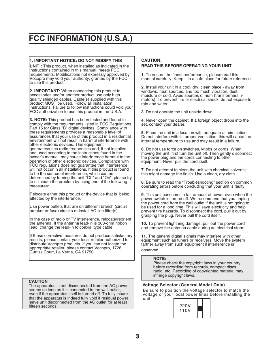 Fcc information (u.s.a.) | VocoPro MEDIA-JUKEBOX40 User Manual | Page 3 / 19
