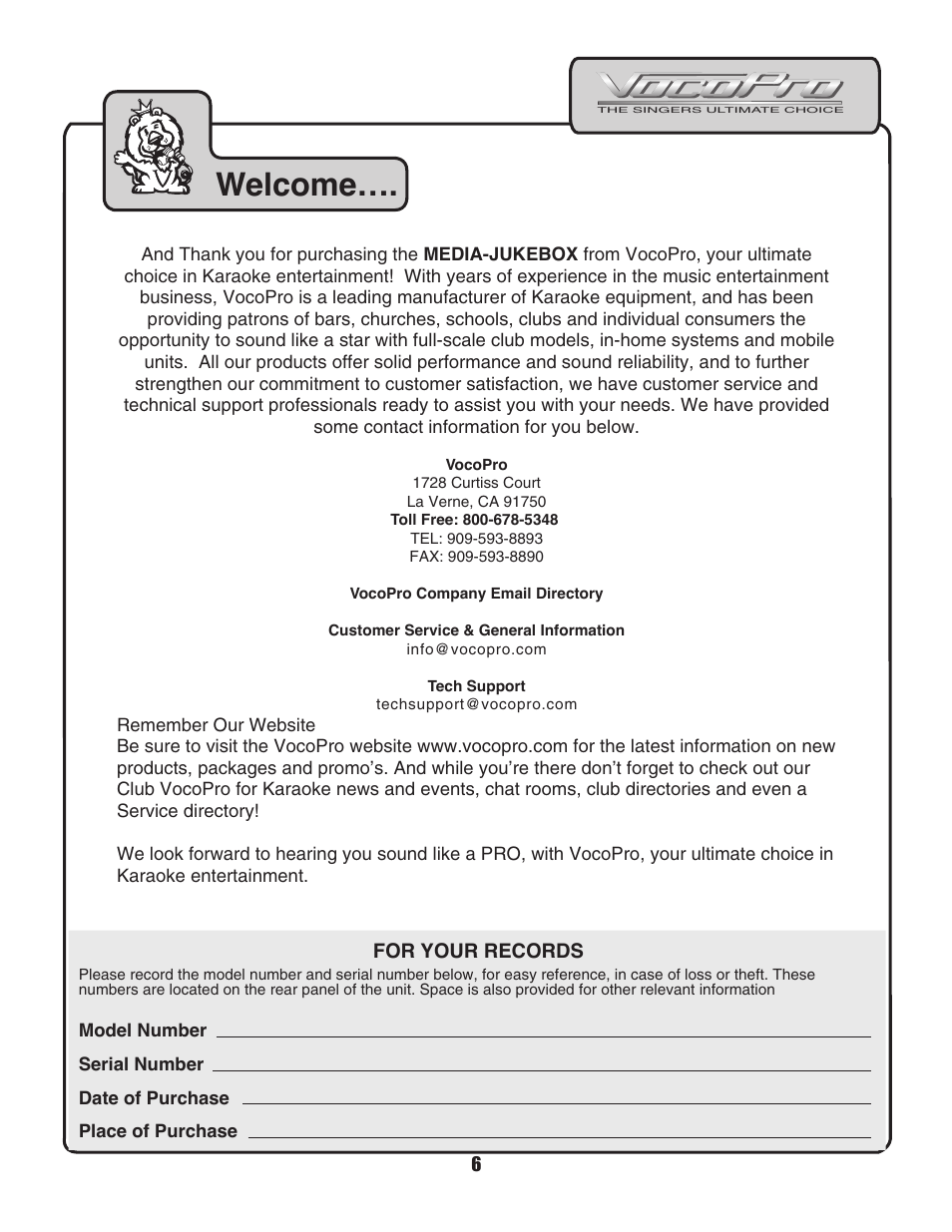 Welcome | VocoPro MEDIA-JUKEBOX40 User Manual | Page 6 / 19