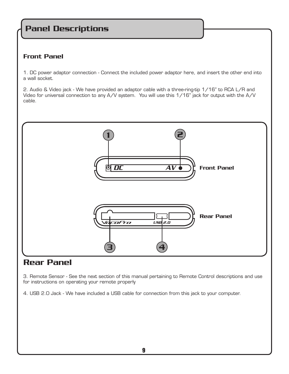 Media-jukebox, Media- juke box, Panel descriptions | Rear panel, Dc av, Front panel, Front panel rear panel | VocoPro MEDIA-JUKEBOX40 User Manual | Page 9 / 19