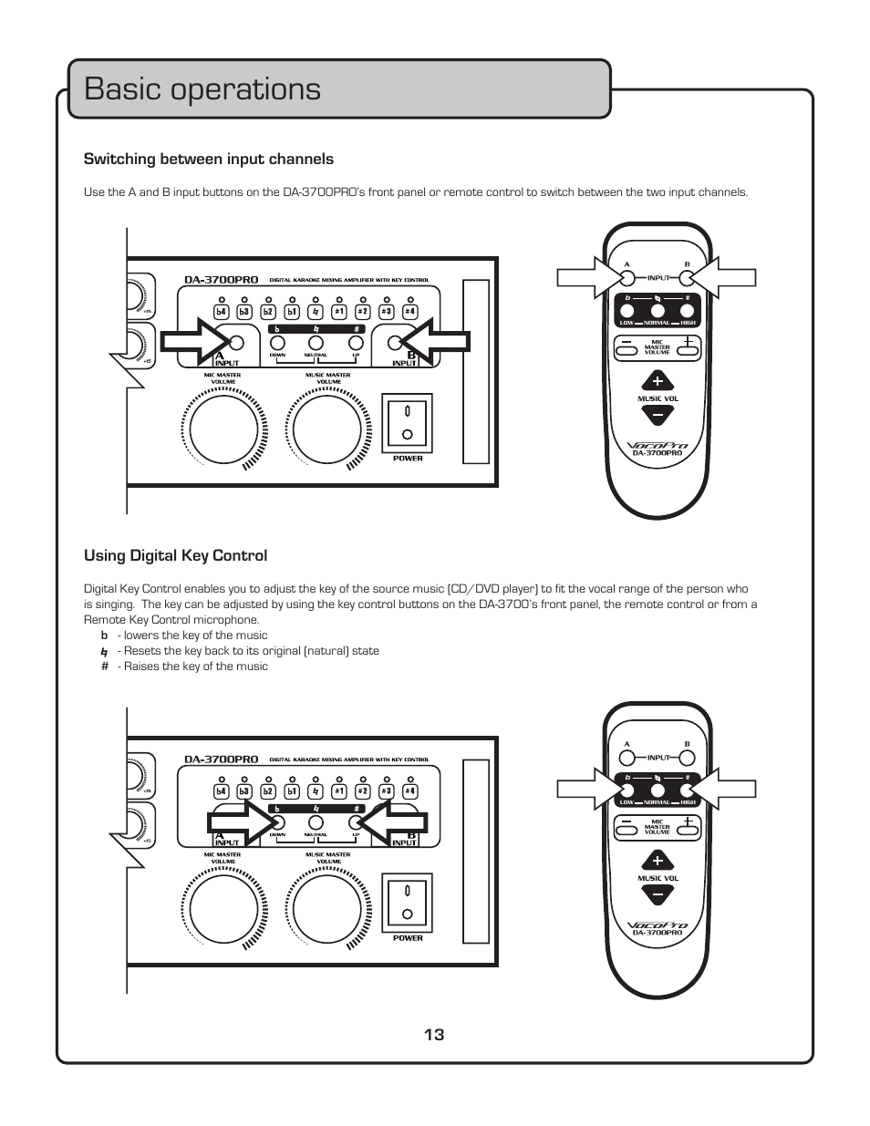 Basic operations, Switching between input channels, Using digital key control | VocoPro DA-3700 User Manual | Page 15 / 18