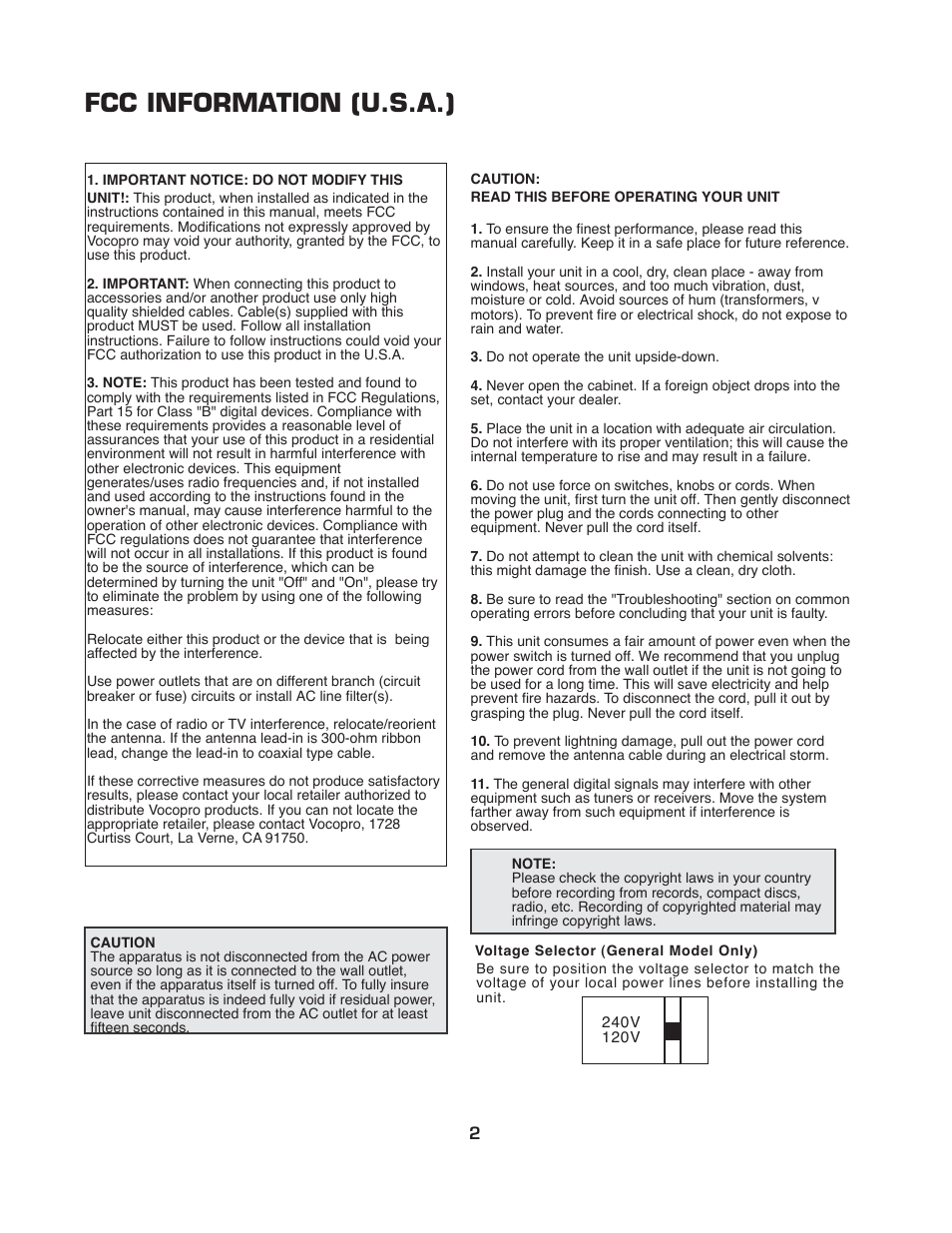 Fcc information (u.s.a.) | VocoPro DA-3700 User Manual | Page 4 / 18