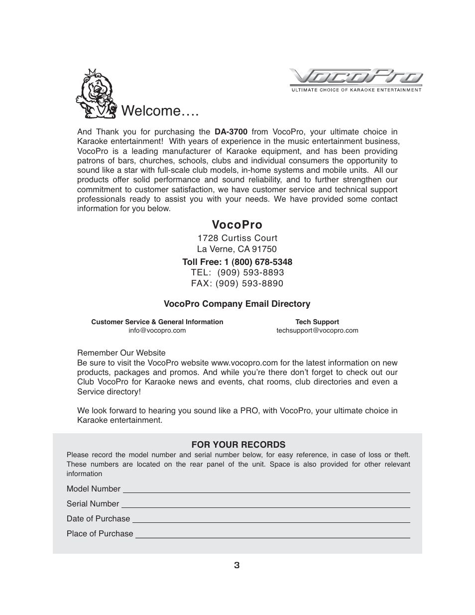 Welcome, Vocopro | VocoPro DA-3700 User Manual | Page 5 / 18
