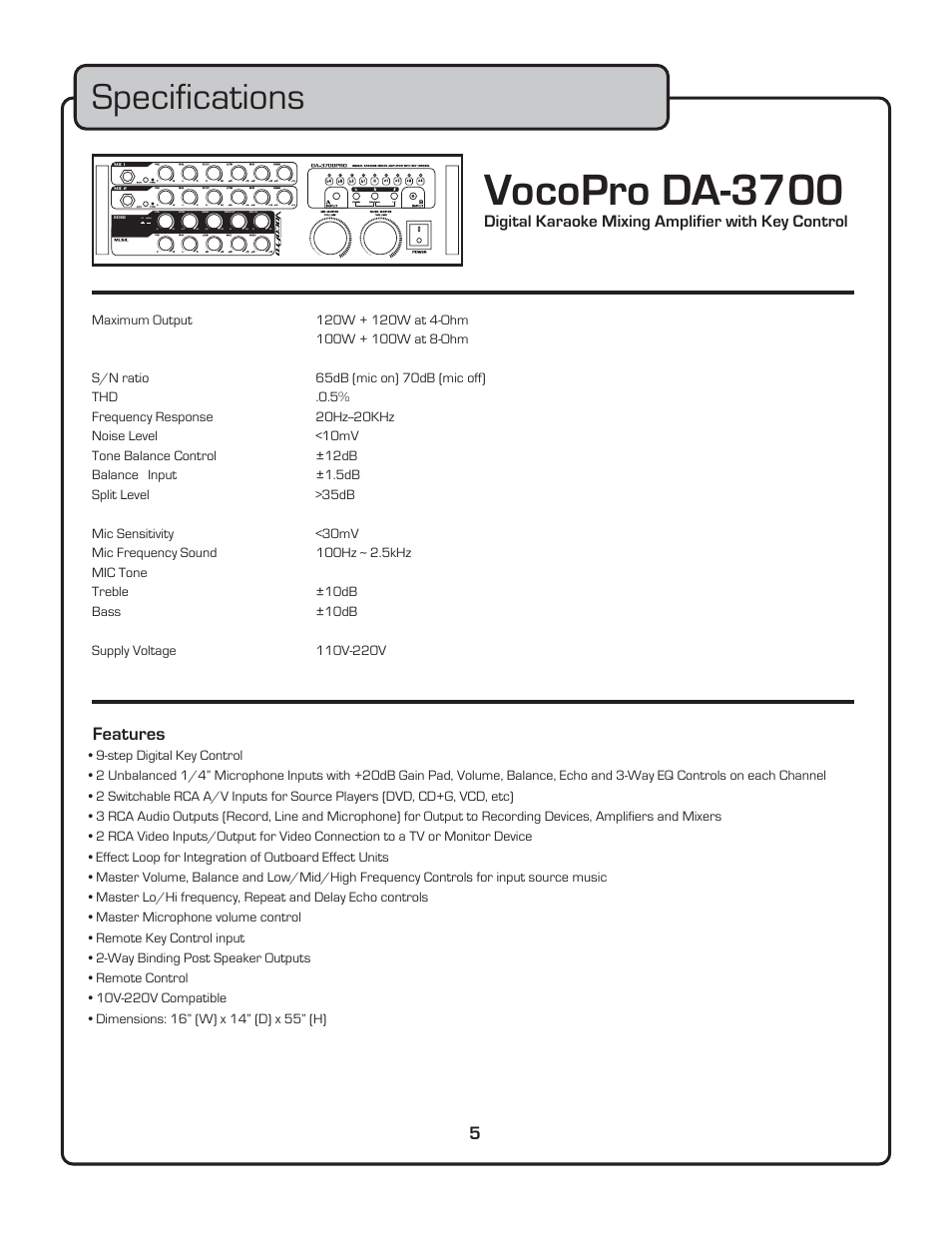 Vocopro da-3700, Specifications, Features | Digital karaoke mixing amplifier with key control | VocoPro DA-3700 User Manual | Page 7 / 18