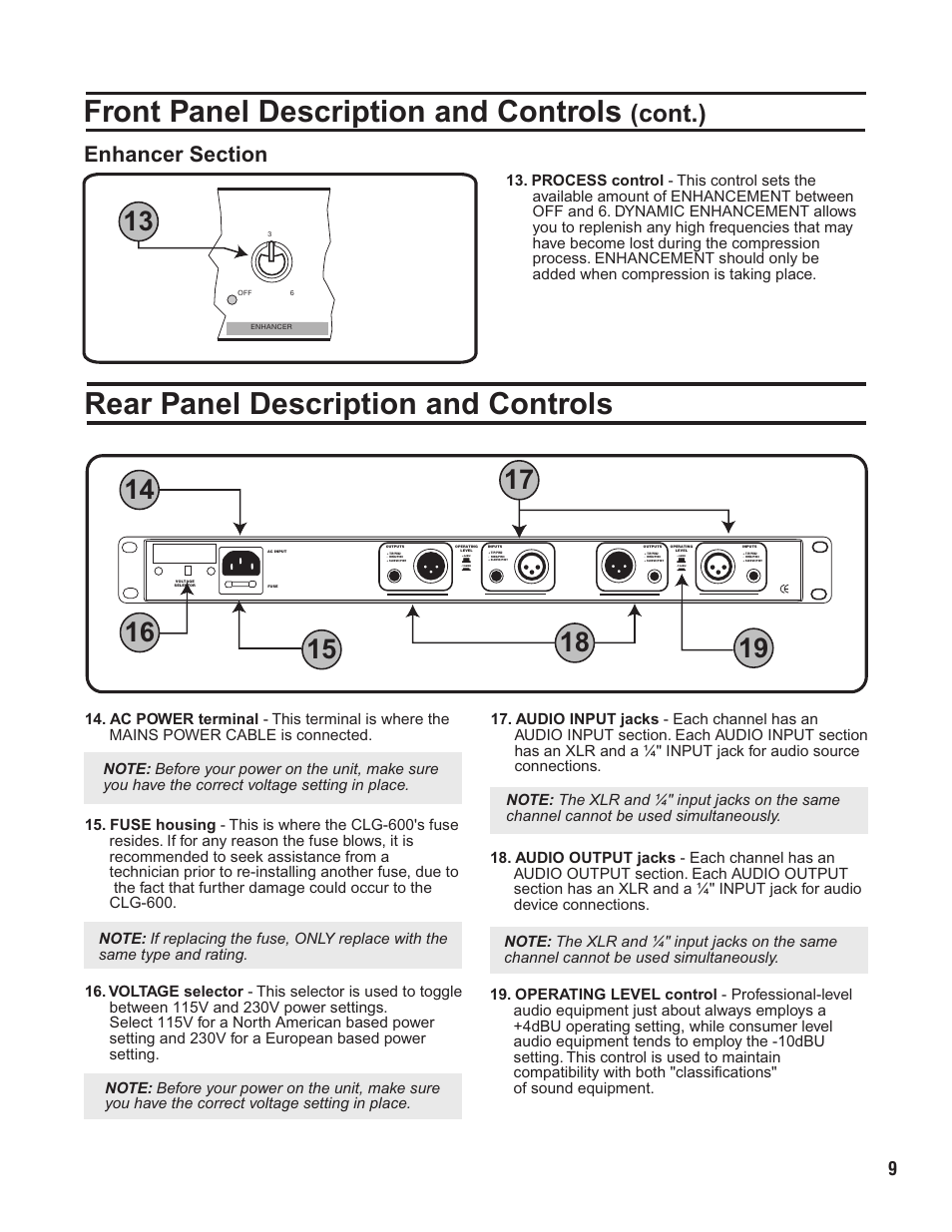 Pg 09 rear panel controls.pdf, Front panel description and controls, Rear panel description and controls | Cont.) | VocoPro CLG-600 User Manual | Page 10 / 16