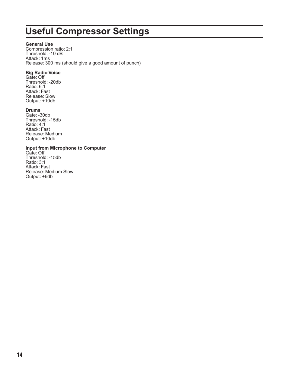 Pg 14 useful compression settings.pdf, Useful compressor settings | VocoPro CLG-600 User Manual | Page 15 / 16