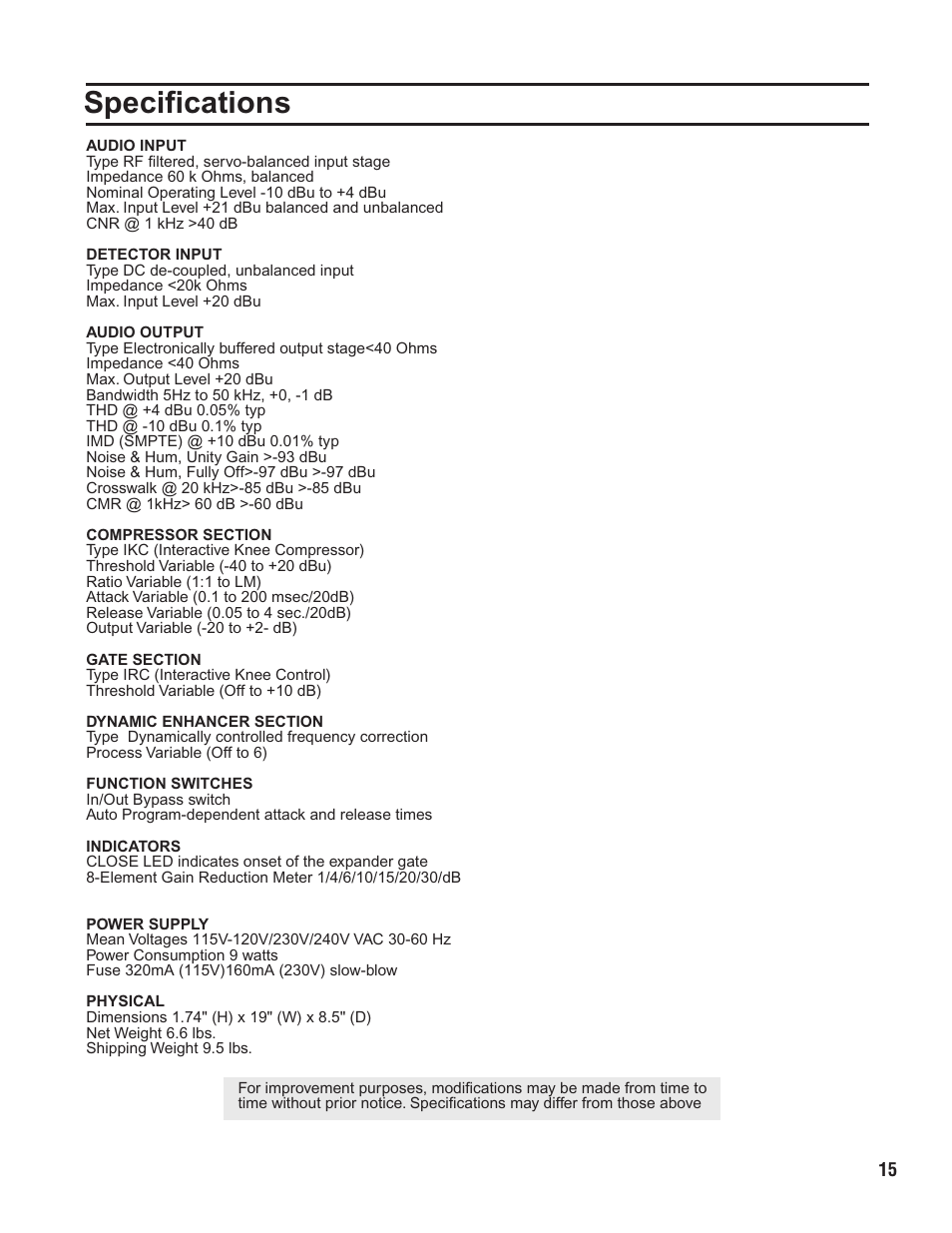 Pg 15 specifications.pdf, Specifications | VocoPro CLG-600 User Manual | Page 16 / 16