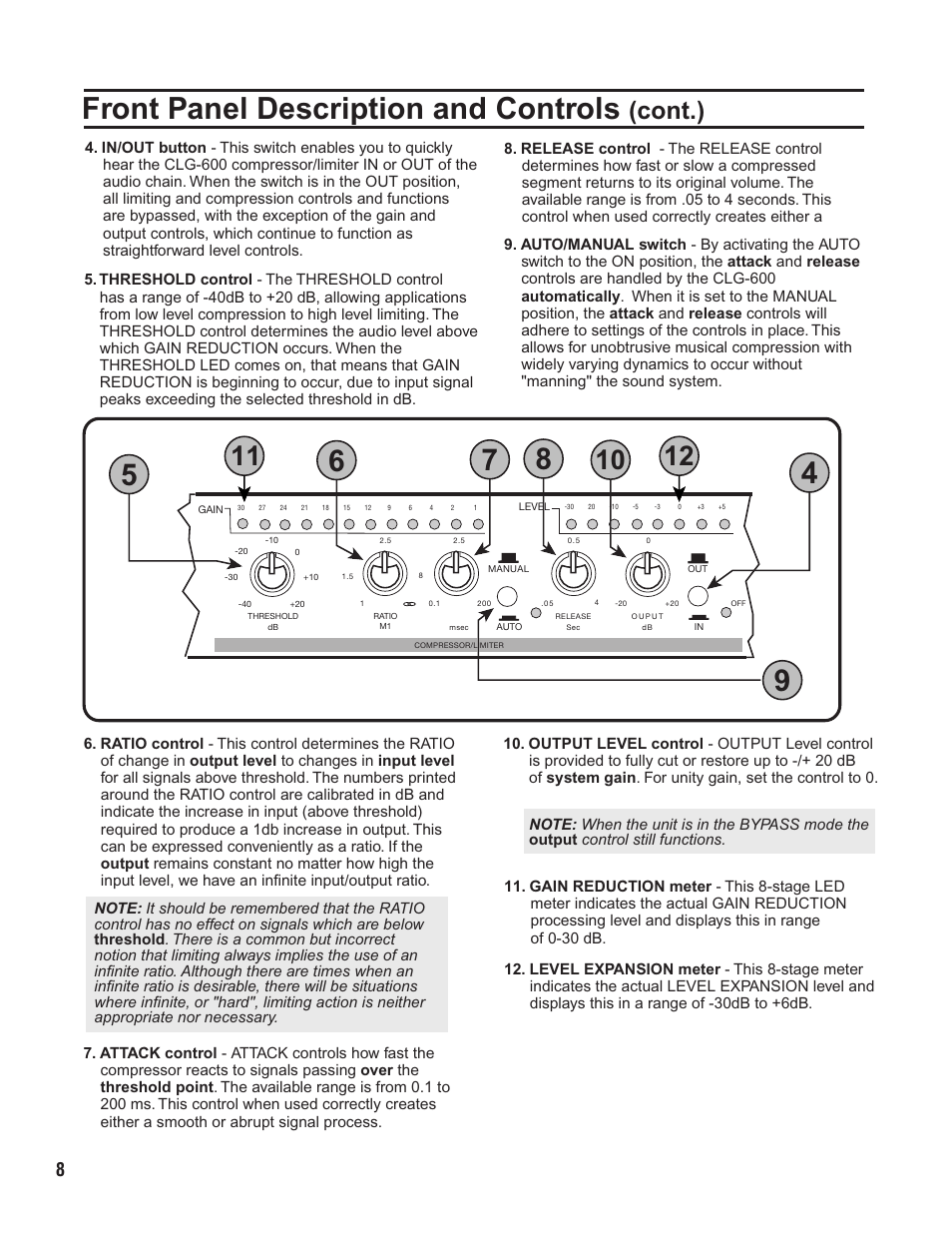 Pg 08 front panel continued.pdf, Front panel description and controls, Cont.) | Ch 1 | VocoPro CLG-600 User Manual | Page 9 / 16