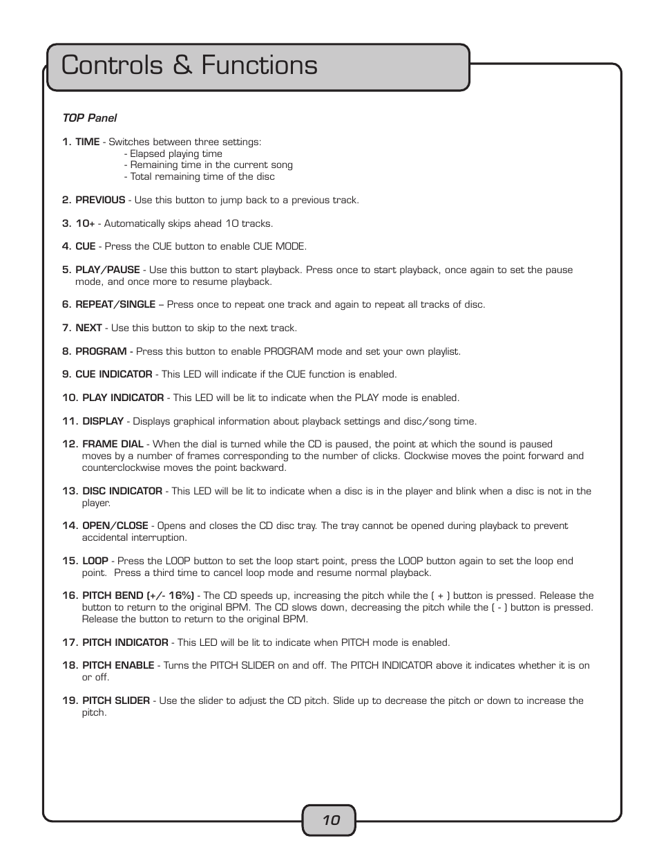 Controls & functions | VocoPro CDG-1020PRO User Manual | Page 10 / 20