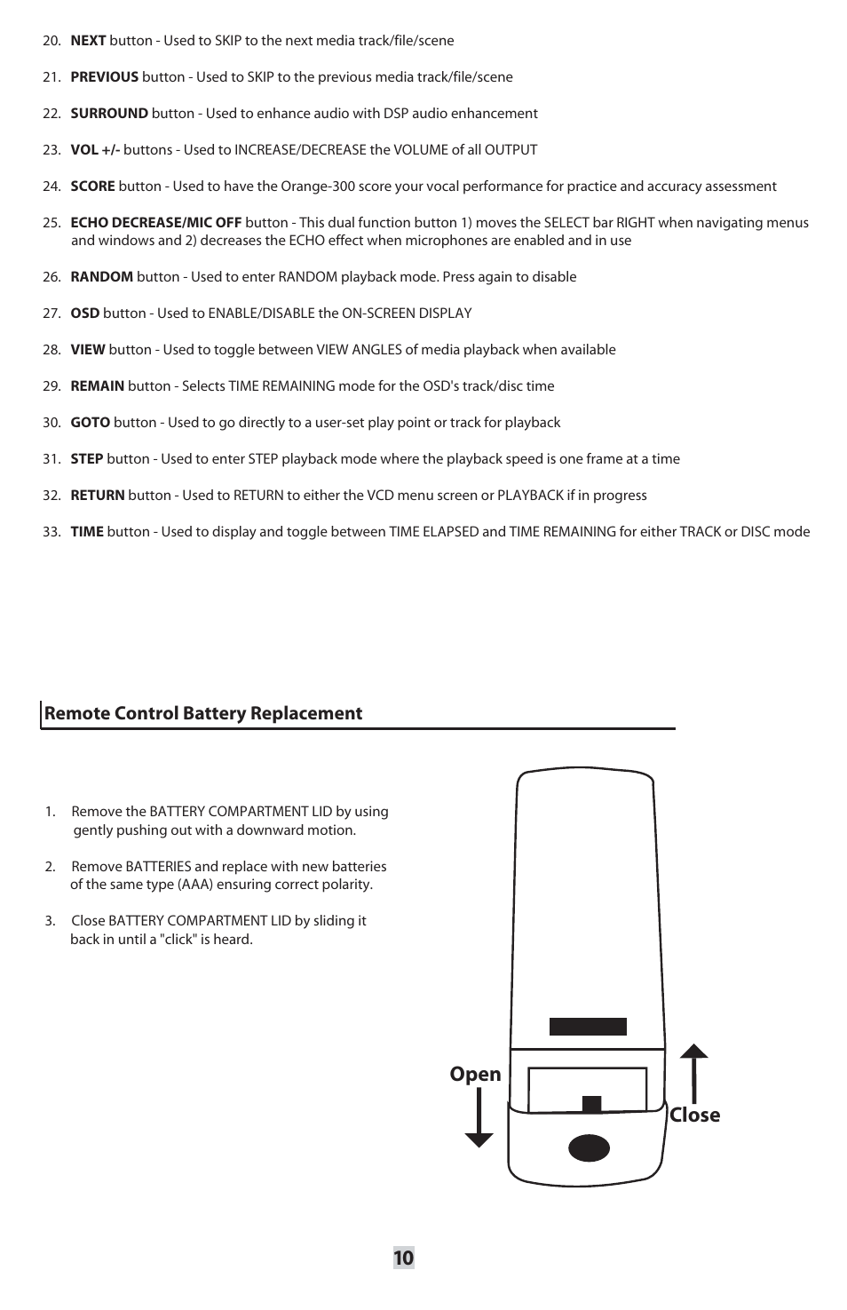 10 open close, Remote control battery replacement | VocoPro ORANGE-300 User Manual | Page 11 / 24