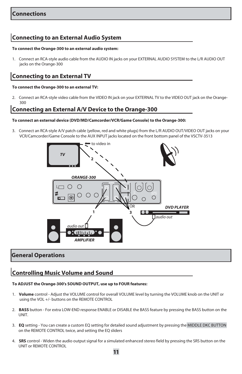 Connecting to an external audio system, Connecting to an external tv, Controlling music volume and sound | General operations connections | VocoPro ORANGE-300 User Manual | Page 12 / 24