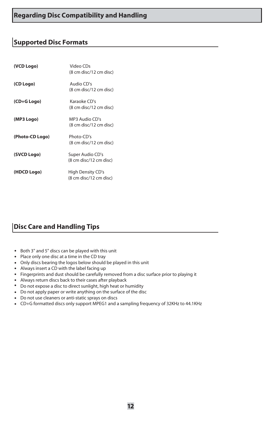 Supported disc formats, Disc care and handling tips, Regarding disc compatibility and handling | VocoPro ORANGE-300 User Manual | Page 13 / 24