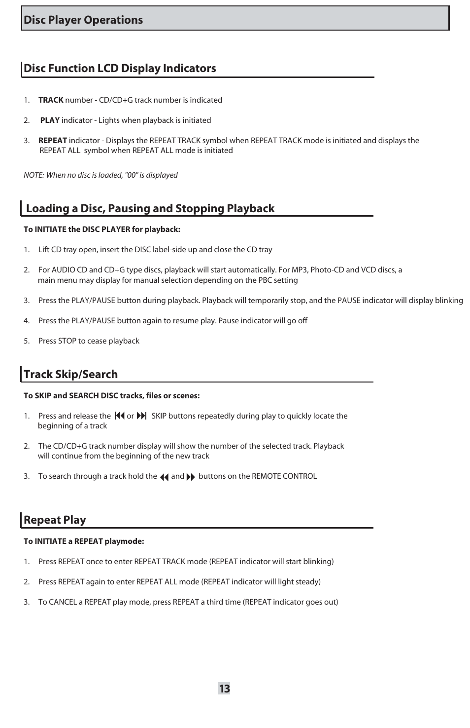 Loading a disc, pausing and stopping playback, Track skip/search, Repeat play | VocoPro ORANGE-300 User Manual | Page 14 / 24