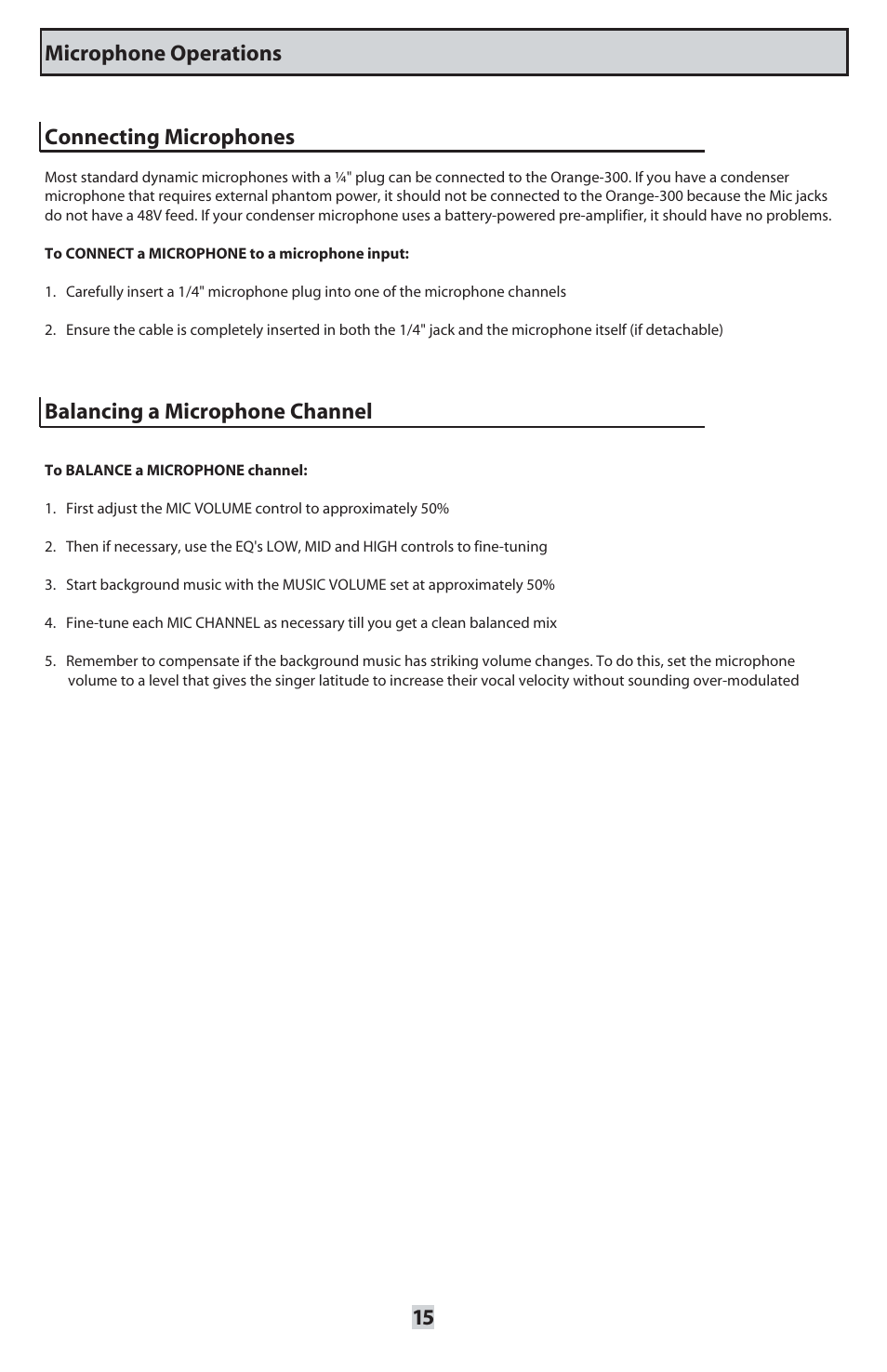 Microphone operations connecting microphones, Balancing a microphone channel | VocoPro ORANGE-300 User Manual | Page 16 / 24