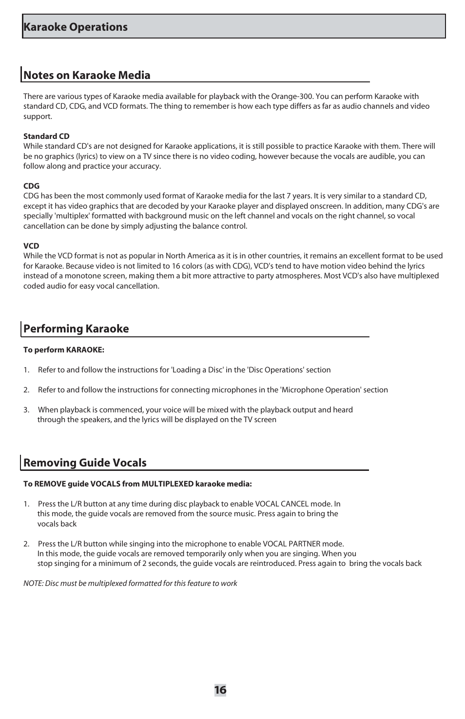 Performing karaoke, Removing guide vocals | VocoPro ORANGE-300 User Manual | Page 17 / 24