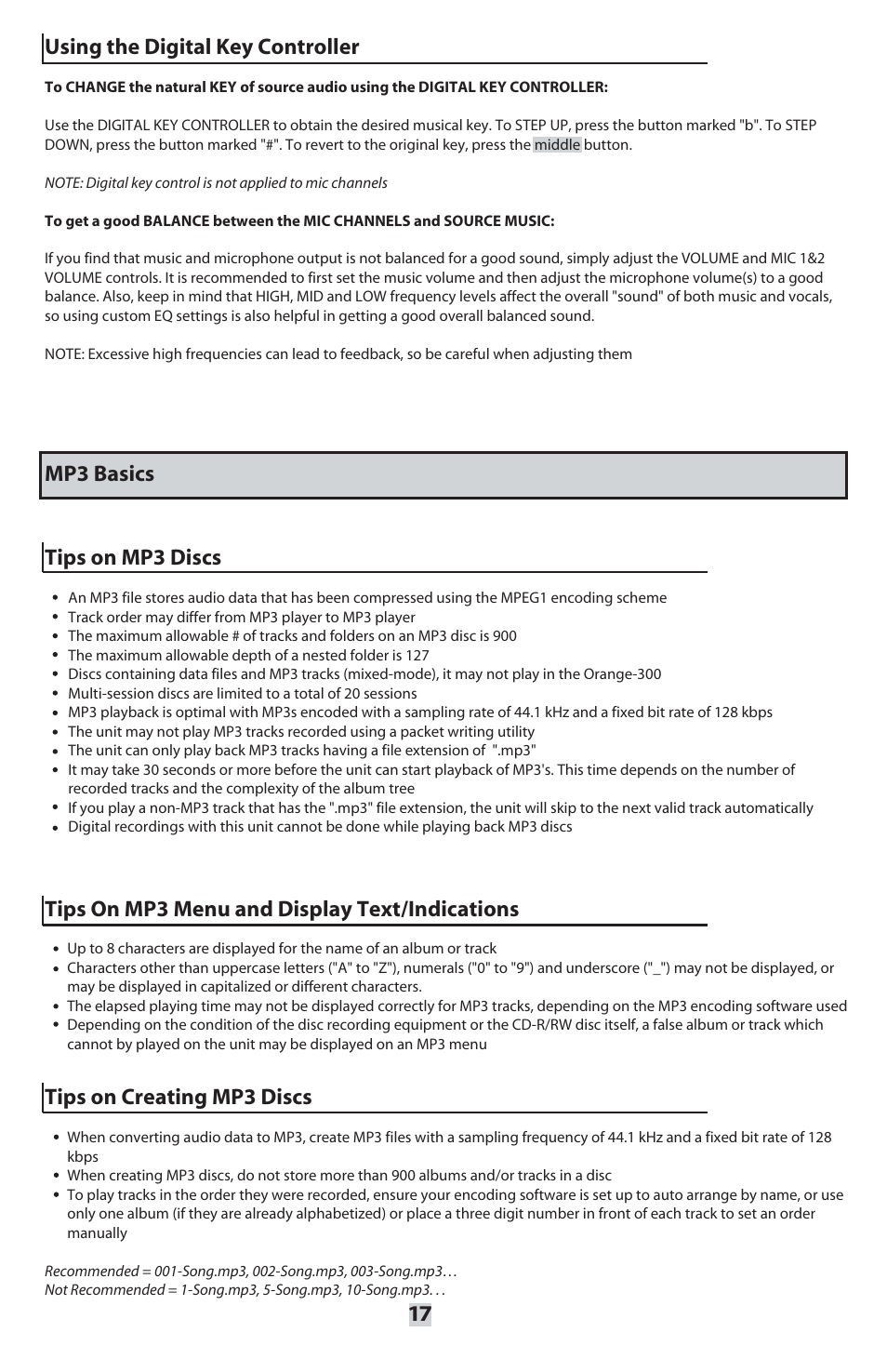 Using the digital key controller, Mp3 basics tips on mp3 discs, Tips on mp3 menu and display text/indications | Tips on creating mp3 discs | VocoPro ORANGE-300 User Manual | Page 18 / 24