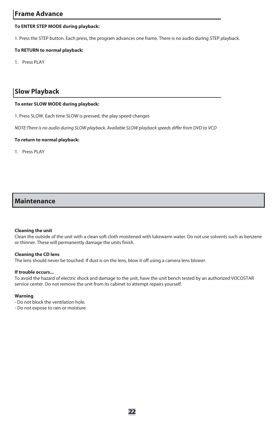 Slow playback, Maintenance, Frame advance | VocoPro ORANGE-300 User Manual | Page 23 / 24