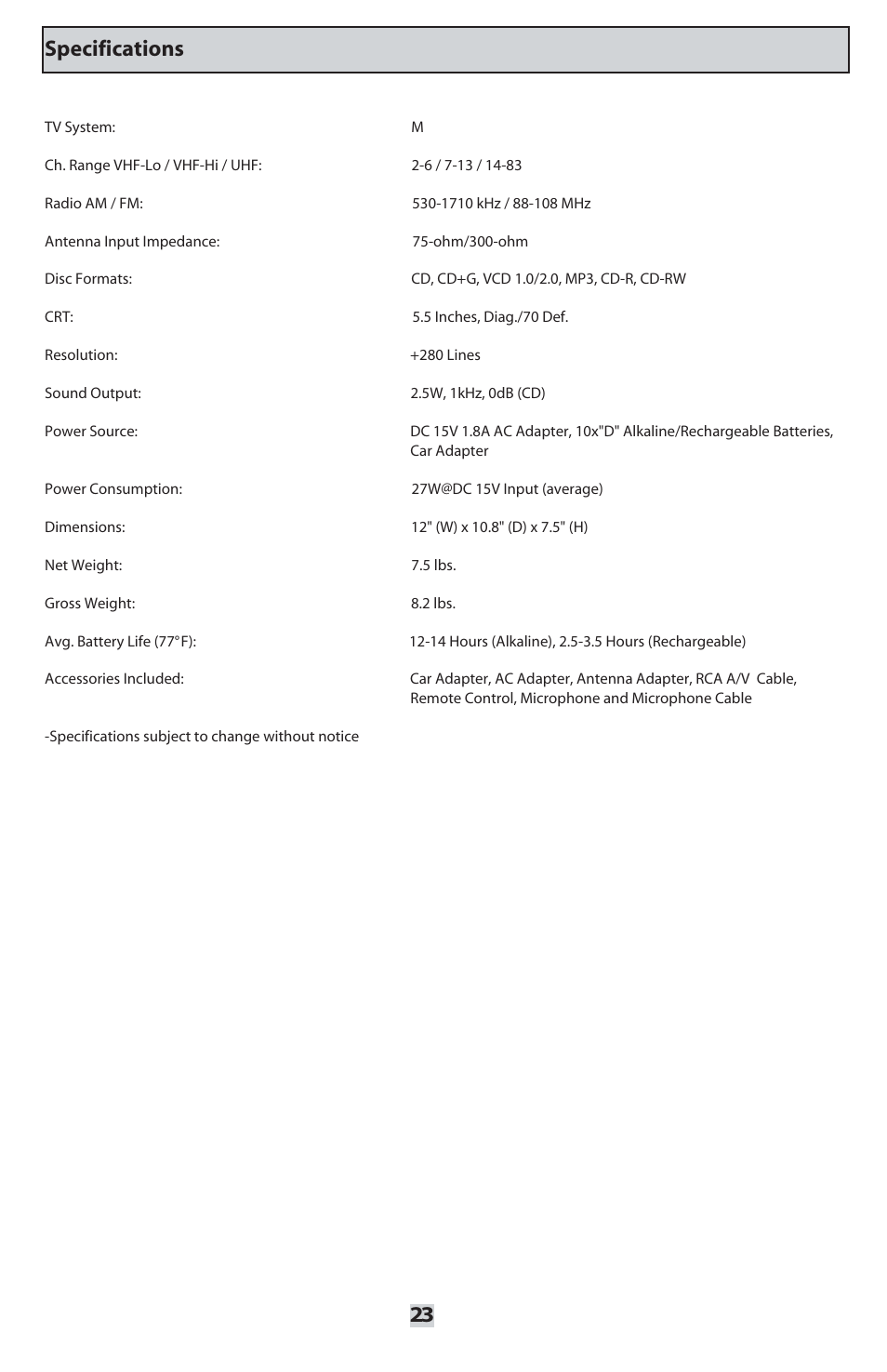 Specifications | VocoPro ORANGE-300 User Manual | Page 24 / 24