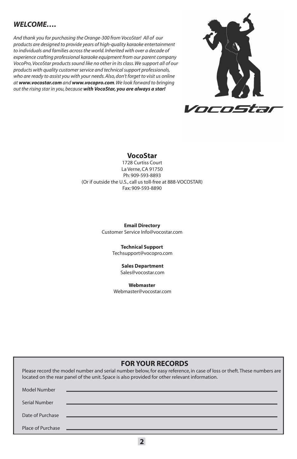 Welcome, Vocostar, For your records | VocoPro ORANGE-300 User Manual | Page 3 / 24