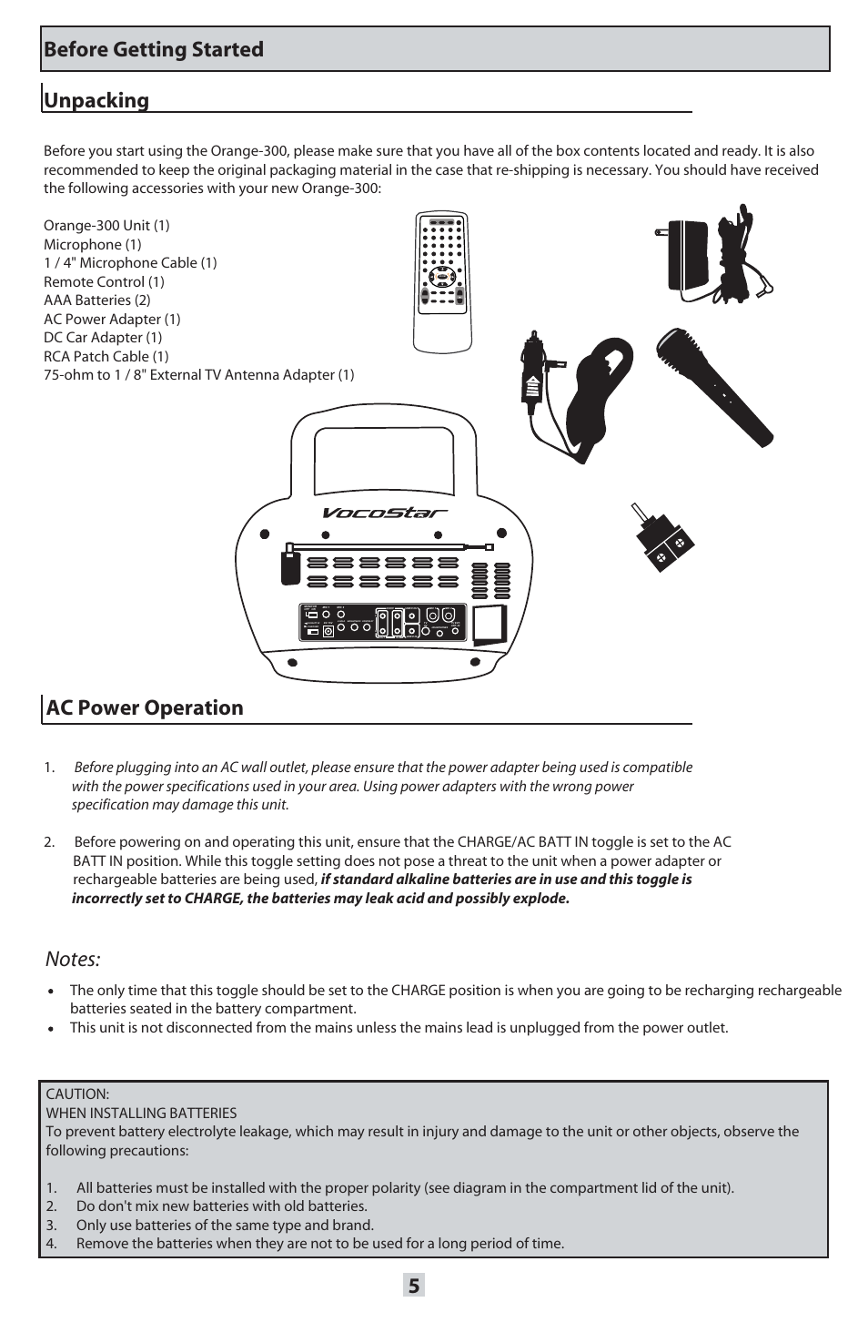 Unpacking, Ac power operation, Before getting started | Score effects, Ec h o (+ ) ec h o (- ) e ch o (+ ) ec h o (- ) | VocoPro ORANGE-300 User Manual | Page 6 / 24