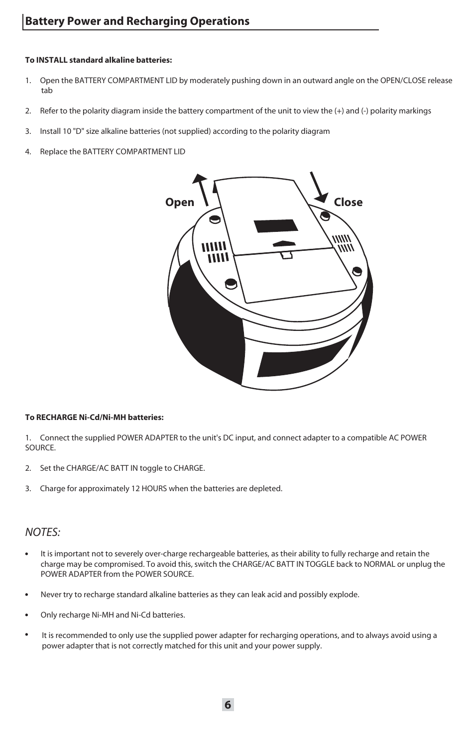 Battery power and recharging operations, Open close | VocoPro ORANGE-300 User Manual | Page 7 / 24