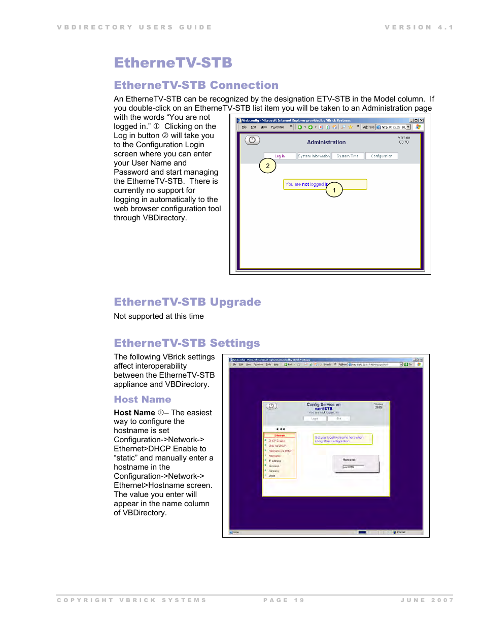 Ethernetv-stb, Ethernetv-stb connection, Ethernetv-stb upgrade | Ethernetv-stb settings | VBrick Systems VB Directory System User Manual | Page 19 / 21