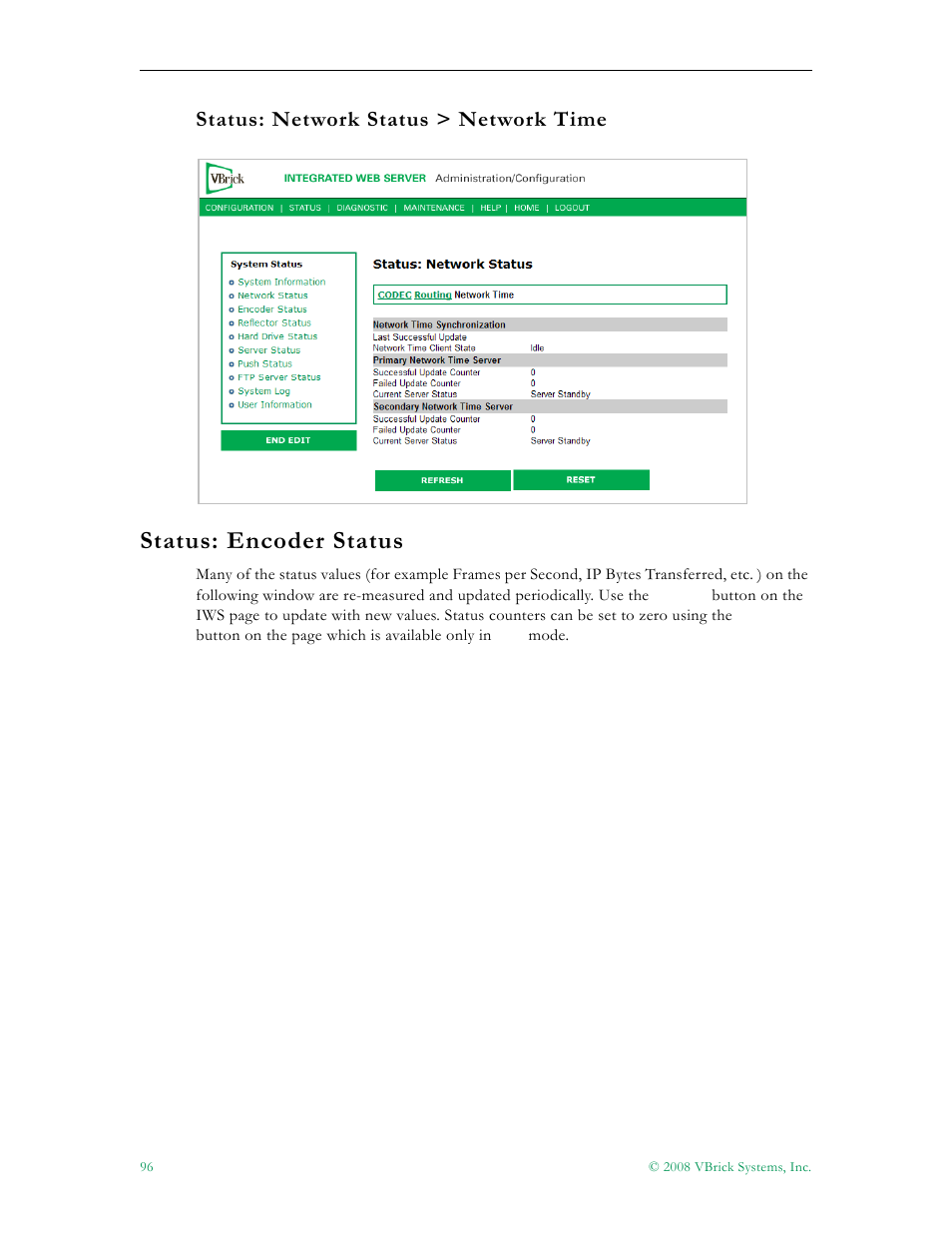 Status: encoder status, Status: network status > network time | VBrick Systems VBRICK APPLIANCE VB6000 User Manual | Page 106 / 156