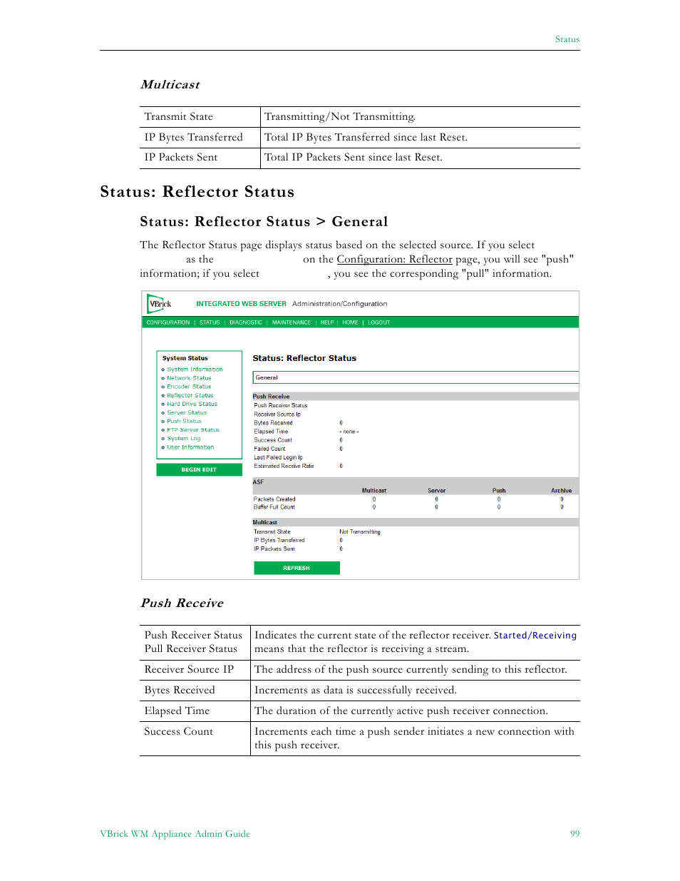 Status: reflector status, Status: reflector status > general | VBrick Systems VBRICK APPLIANCE VB6000 User Manual | Page 109 / 156