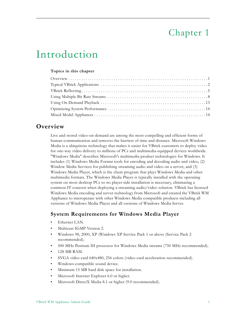 Introduction, Overview, System requirements for windows media player | Chapter 1 | VBrick Systems VBRICK APPLIANCE VB6000 User Manual | Page 11 / 156