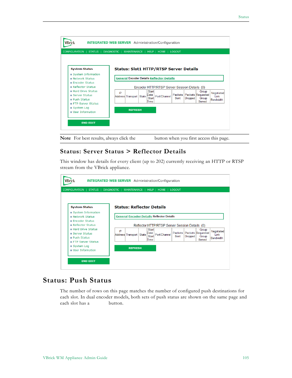 Status: push status, Status: server status > reflector details | VBrick Systems VBRICK APPLIANCE VB6000 User Manual | Page 115 / 156