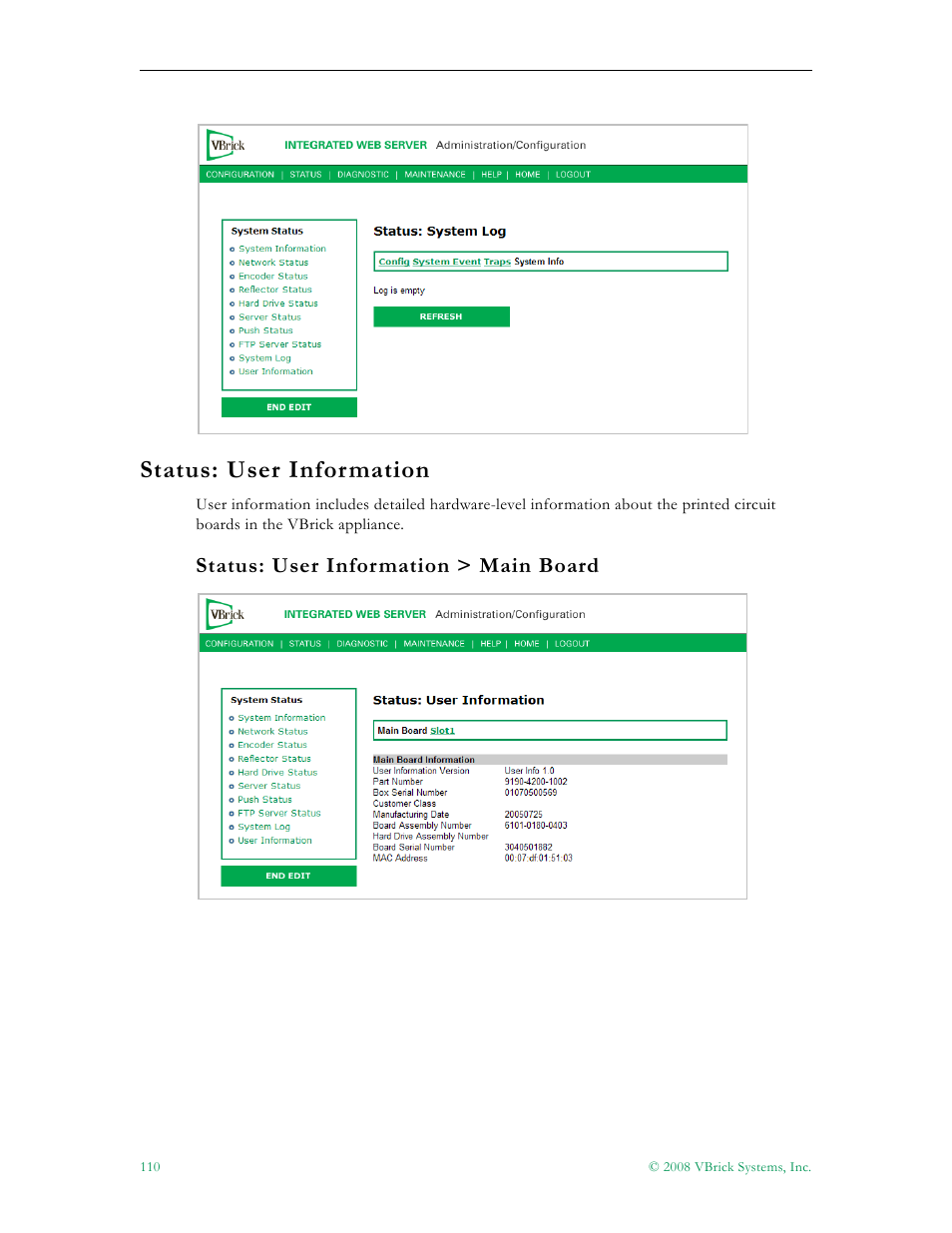 Status: user information | VBrick Systems VBRICK APPLIANCE VB6000 User Manual | Page 120 / 156