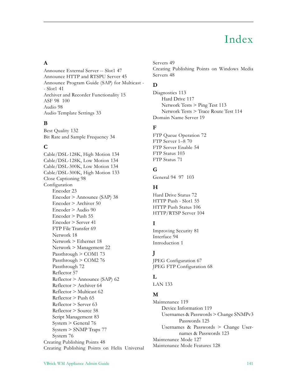Index | VBrick Systems VBRICK APPLIANCE VB6000 User Manual | Page 151 / 156