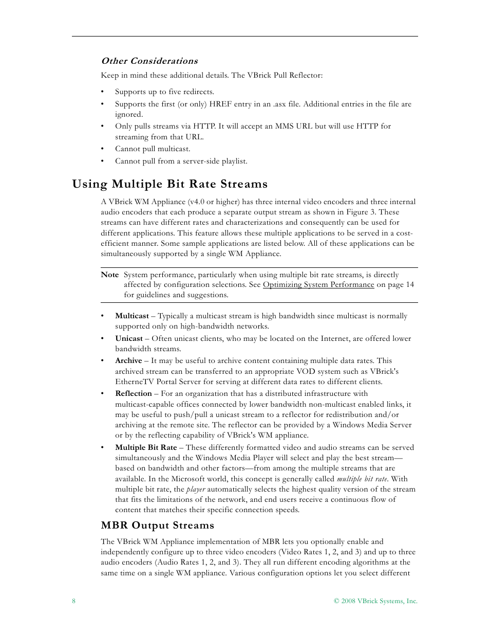 Using multiple bit rate streams, Mbr output streams | VBrick Systems VBRICK APPLIANCE VB6000 User Manual | Page 18 / 156