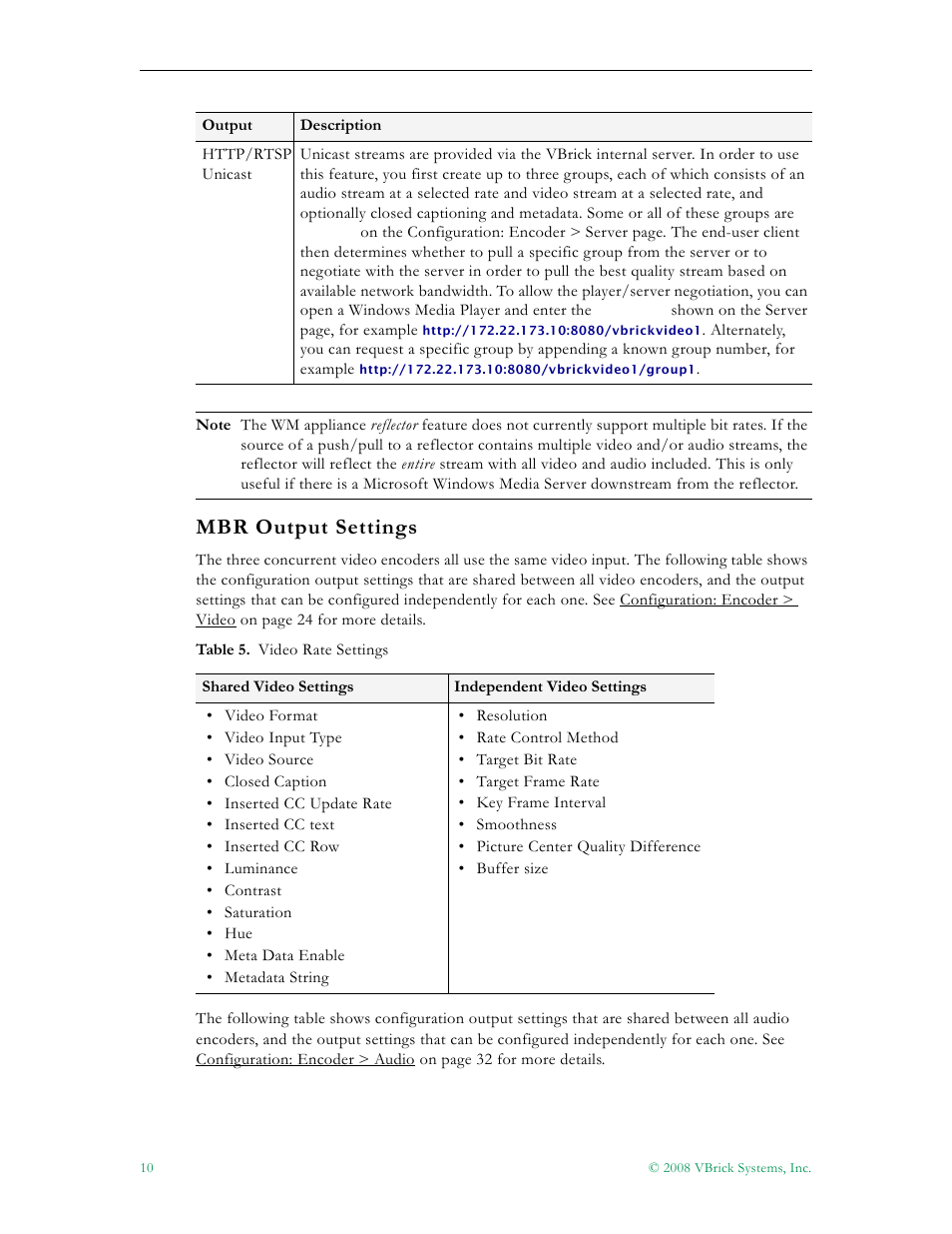 Mbr output settings | VBrick Systems VBRICK APPLIANCE VB6000 User Manual | Page 20 / 156