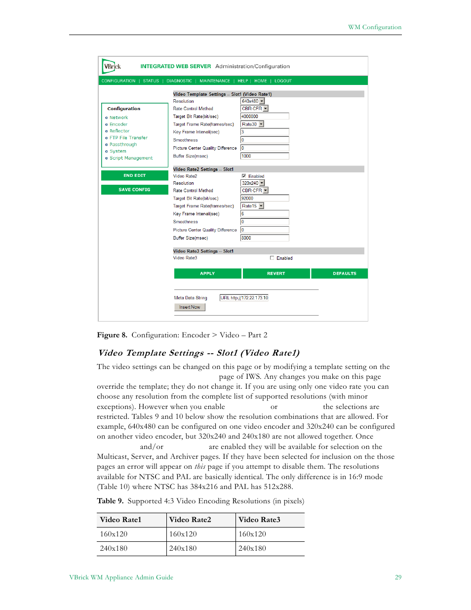 Video template settings -- slot1 (video rate1) | VBrick Systems VBRICK APPLIANCE VB6000 User Manual | Page 39 / 156