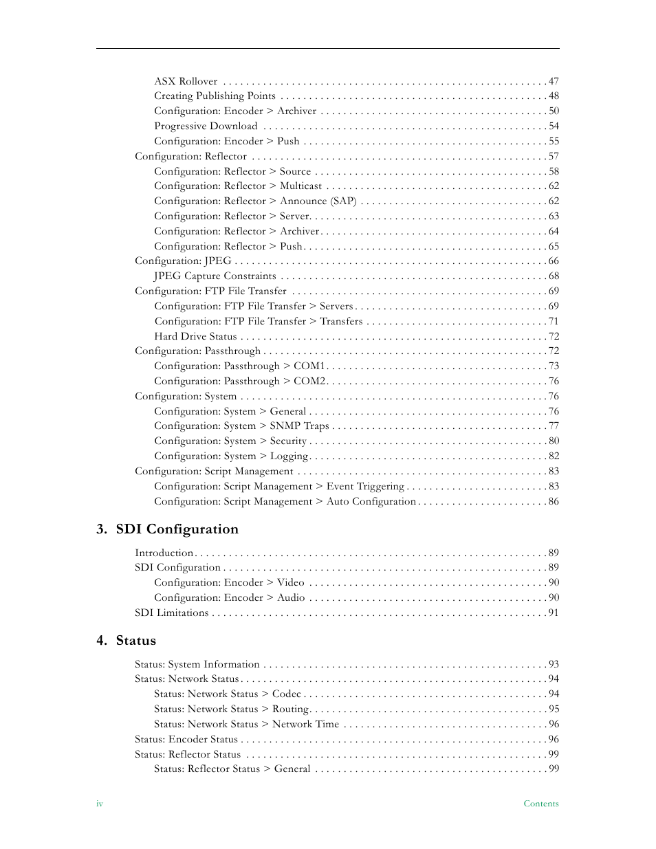 Sdi configuration, Status | VBrick Systems VBRICK APPLIANCE VB6000 User Manual | Page 4 / 156