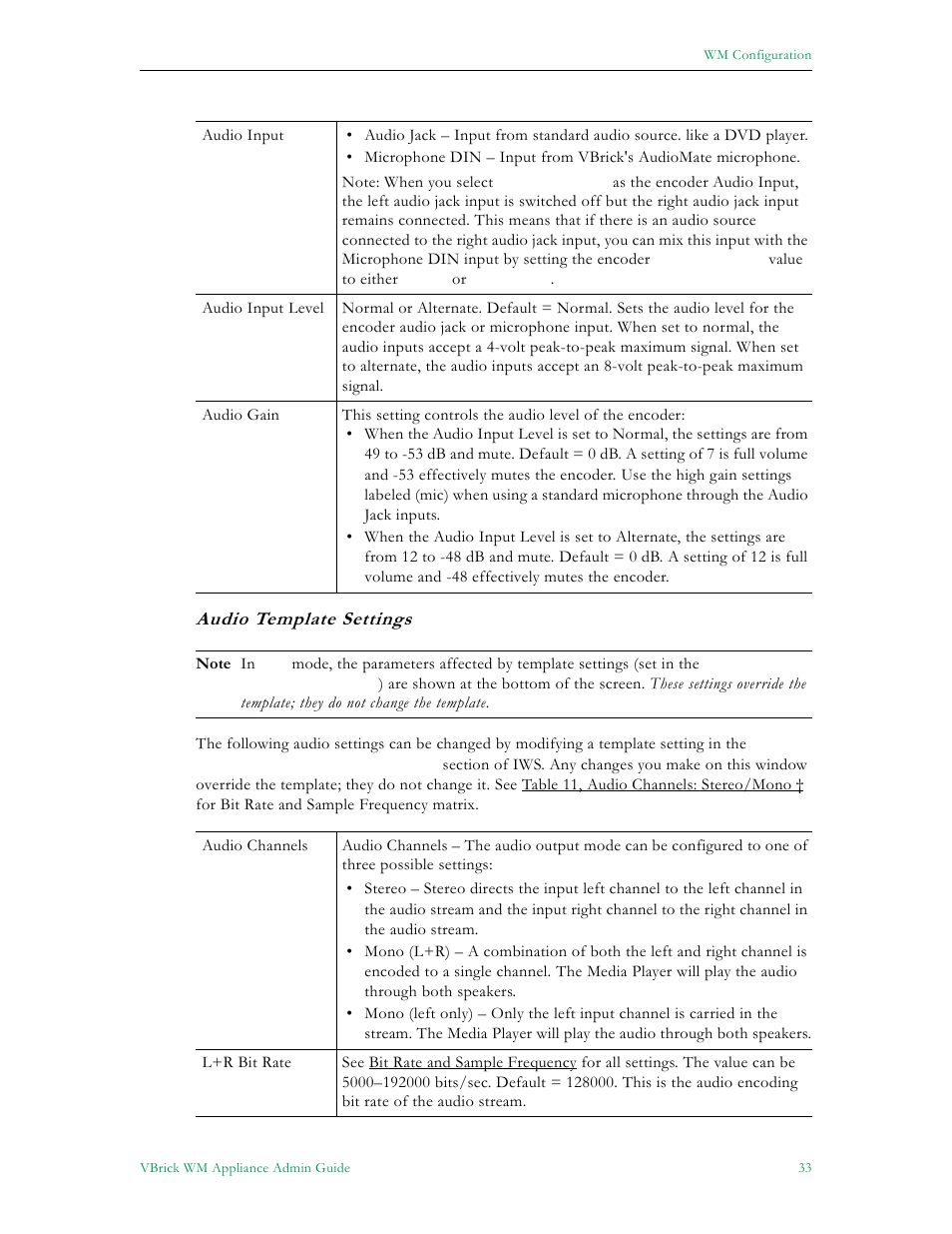 Audio template settings | VBrick Systems VBRICK APPLIANCE VB6000 User Manual | Page 43 / 156
