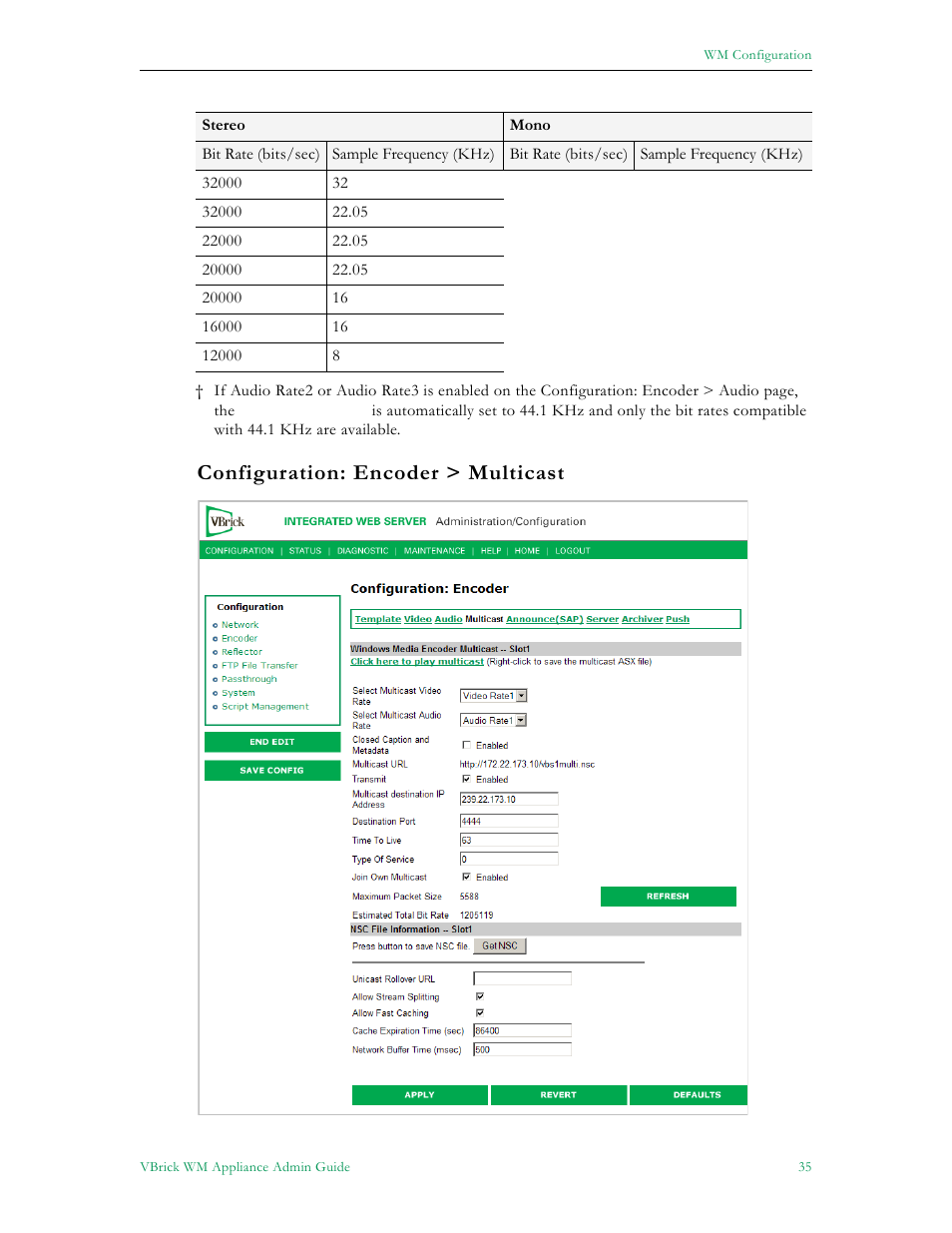 Configuration: encoder > multicast | VBrick Systems VBRICK APPLIANCE VB6000 User Manual | Page 45 / 156