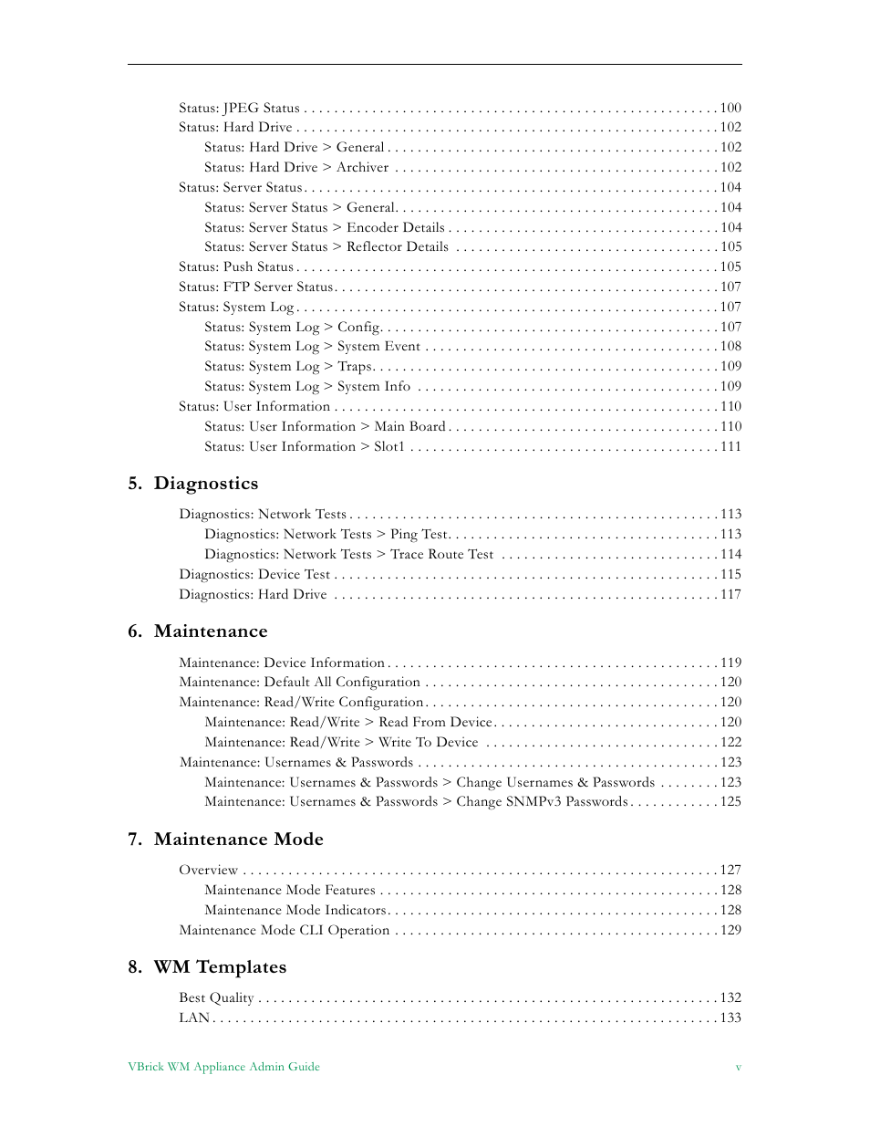 Diagnostics, Maintenance, Maintenance mode | Wm templates | VBrick Systems VBRICK APPLIANCE VB6000 User Manual | Page 5 / 156