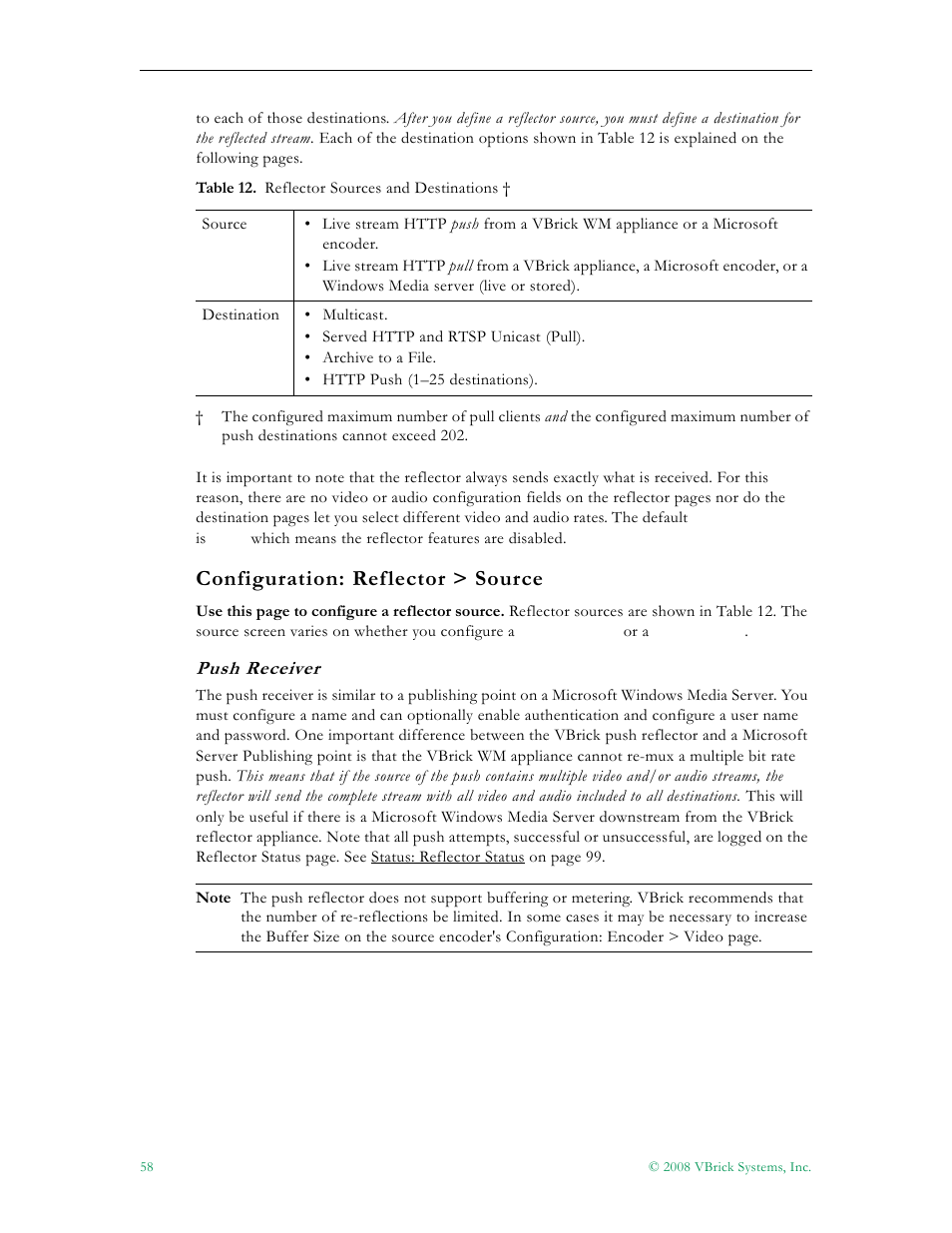Configuration: reflector > source, Table 12 | VBrick Systems VBRICK APPLIANCE VB6000 User Manual | Page 68 / 156