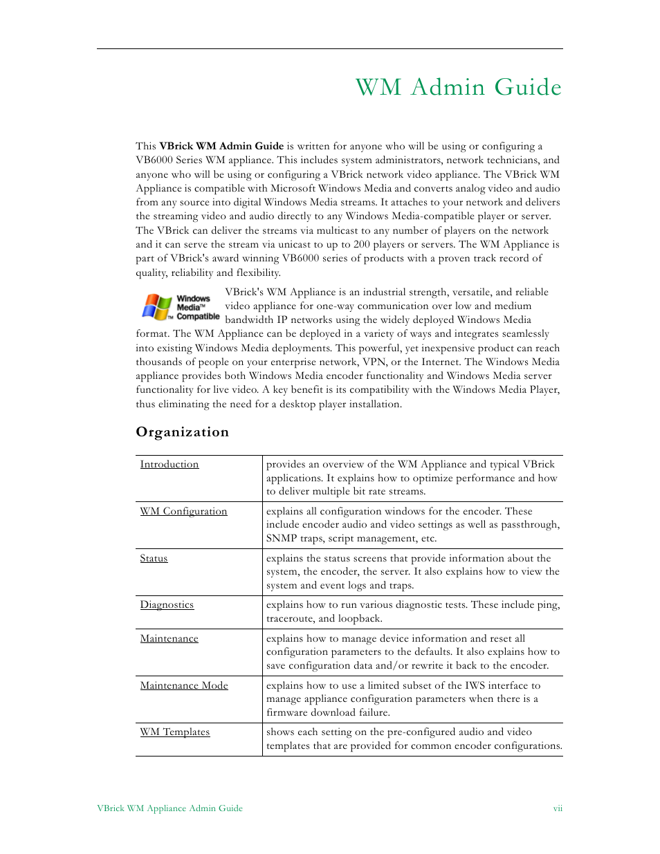 Wm admin guide, Organization | VBrick Systems VBRICK APPLIANCE VB6000 User Manual | Page 7 / 156