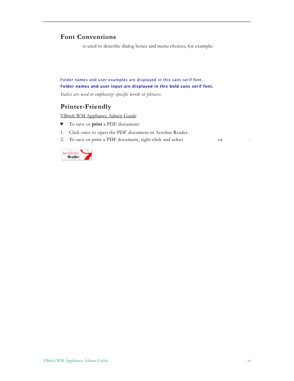 Font conventions, Printer-friendly | VBrick Systems VBRICK APPLIANCE VB6000 User Manual | Page 9 / 156