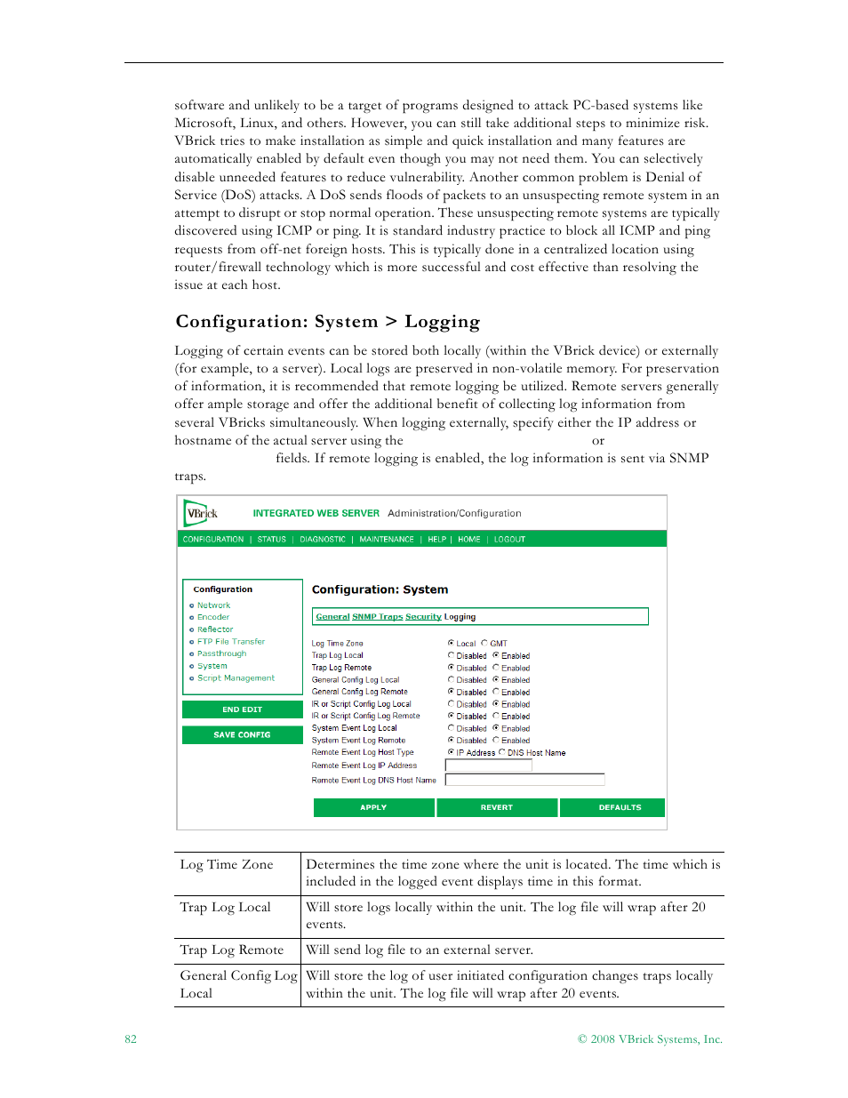 Configuration: system > logging | VBrick Systems VBRICK APPLIANCE VB6000 User Manual | Page 92 / 156