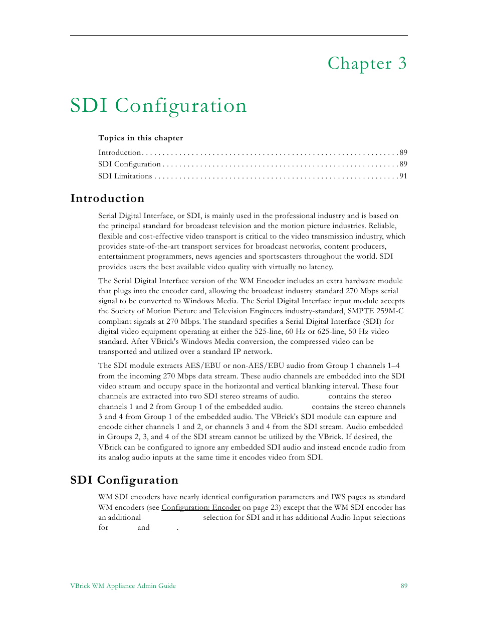 Sdi configuration, Chapter 3, Introduction | VBrick Systems VBRICK APPLIANCE VB6000 User Manual | Page 99 / 156