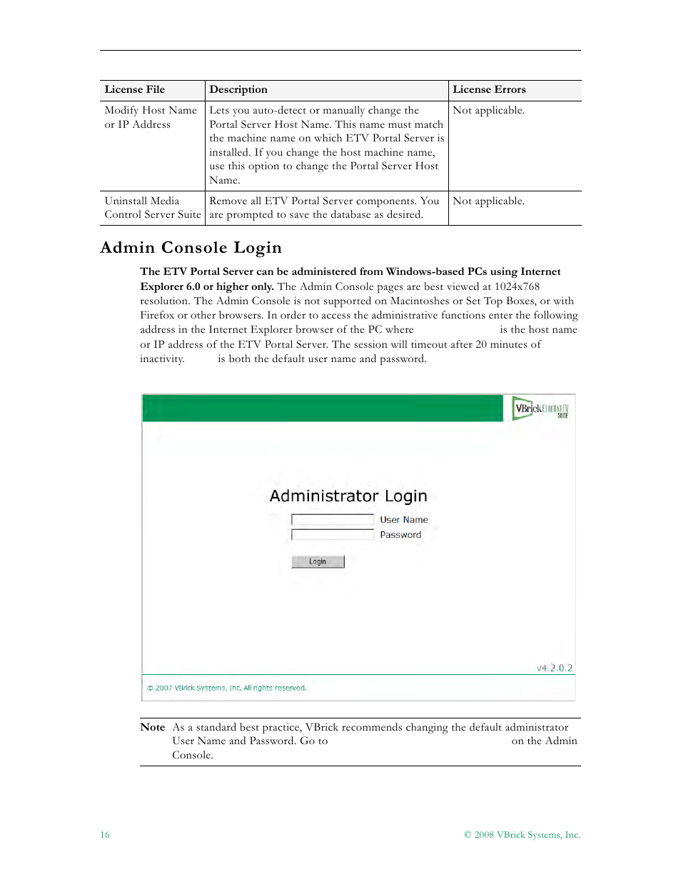 Admin console login | VBrick Systems Portal Server ETV v4.2.1 User Manual | Page 28 / 180