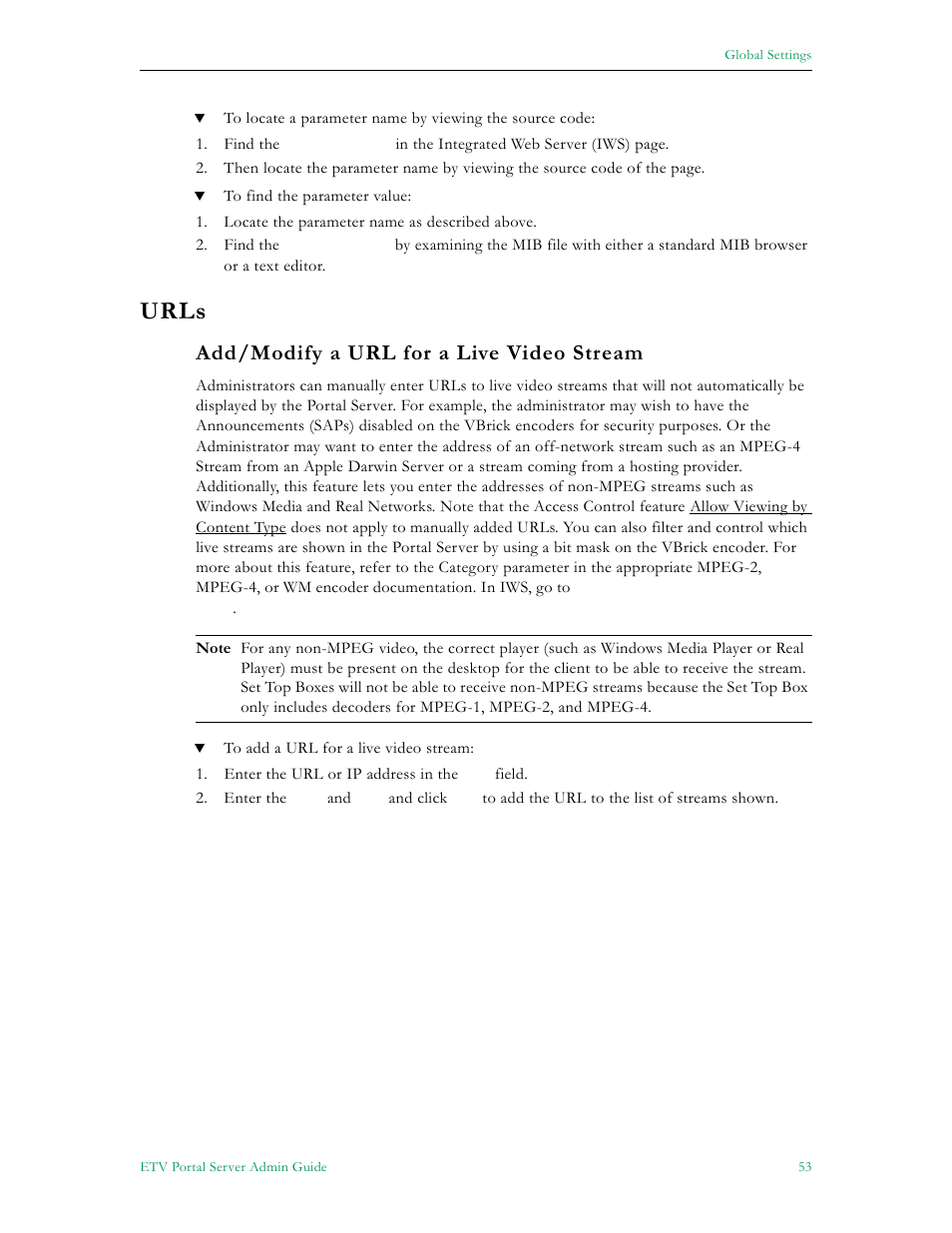 Urls, Add/modify a url for a live video stream | VBrick Systems Portal Server ETV v4.2.1 User Manual | Page 65 / 180
