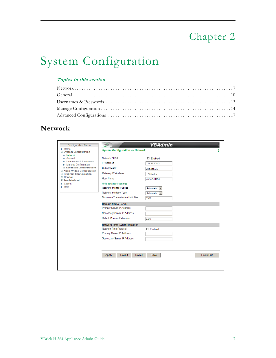 System configuration, Network, Chapter 2 | VBrick Systems 7000 User Manual | Page 13 / 76