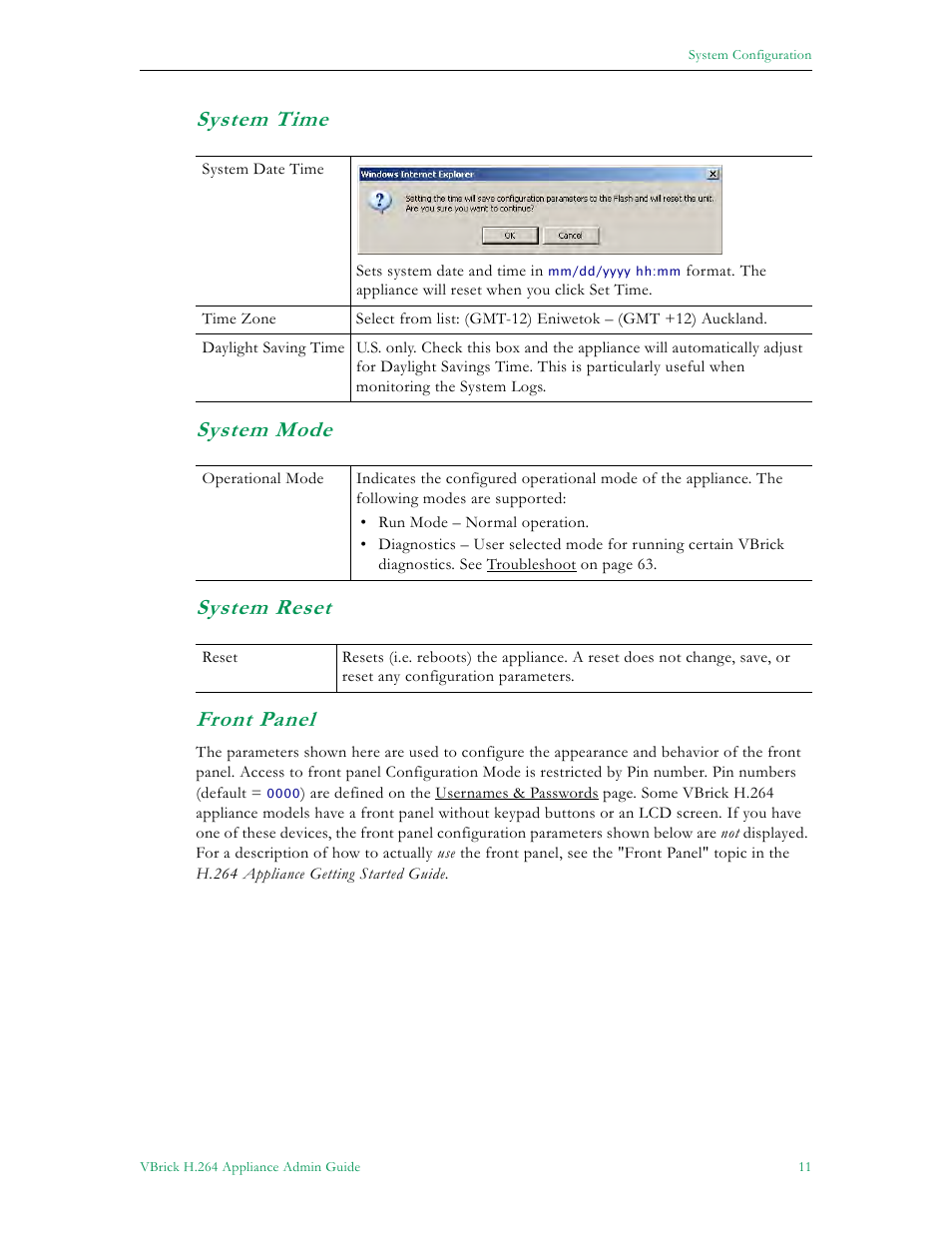 System time system mode system reset front panel | VBrick Systems 7000 User Manual | Page 17 / 76