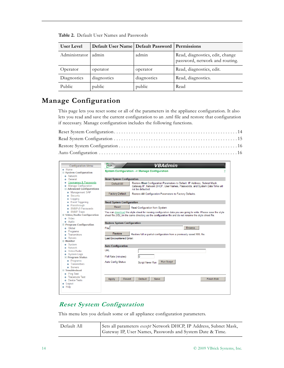Manage configuration, Reset system configuration, Table 2 | Table 2 be, Table 2 f | VBrick Systems 7000 User Manual | Page 20 / 76